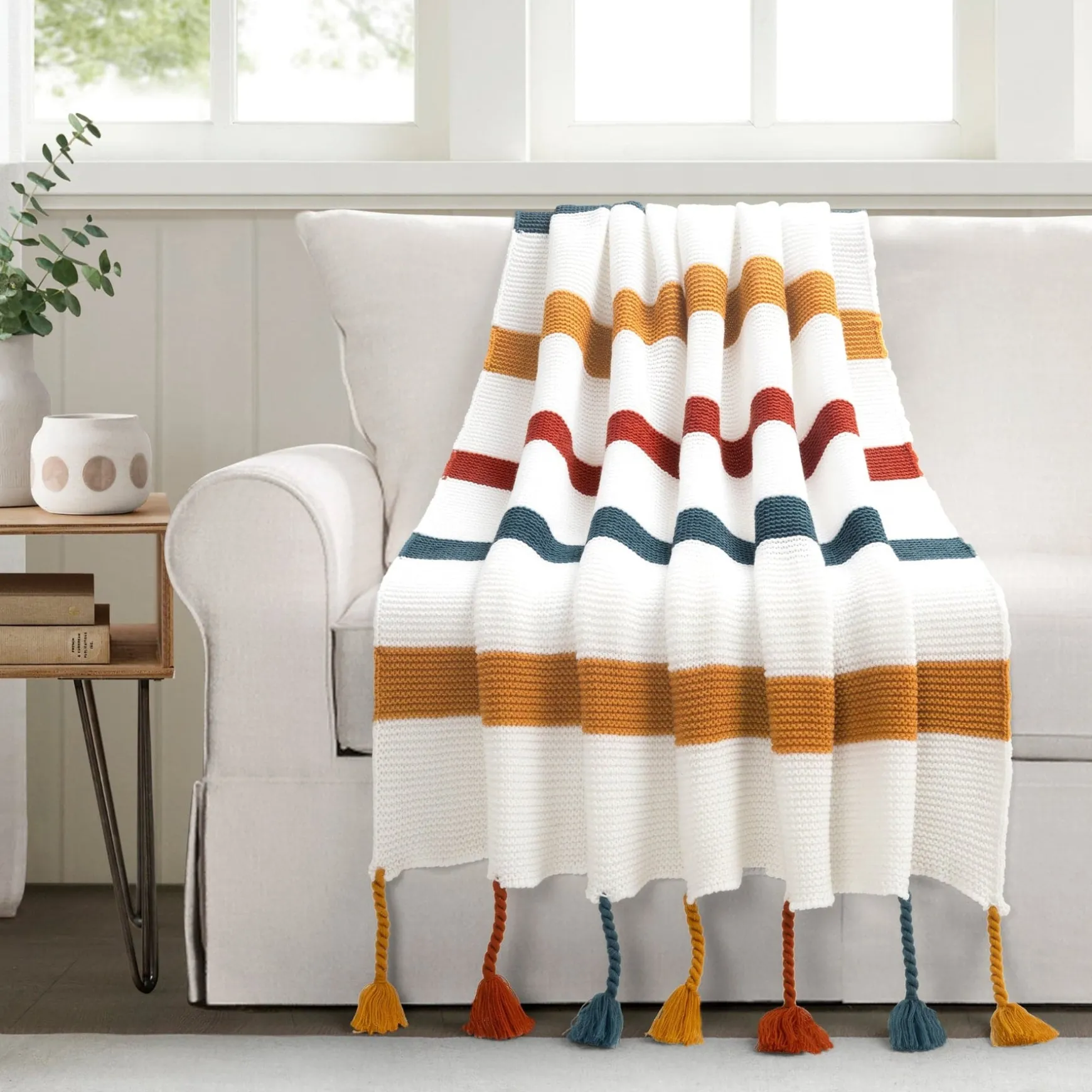 Boho Knitted Braided Tassel Throw