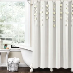 Boho Pom Pom Tassel Faux Linen Shower Curtain