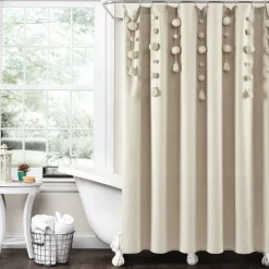 Boho Pom Pom Tassel Faux Linen Shower Curtain