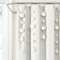 Boho Pom Pom Tassel Faux Linen Shower Curtain