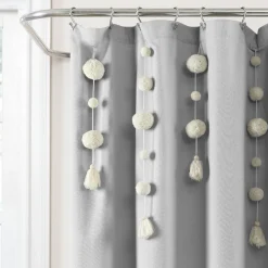 Boho Pom Pom Tassel Faux Linen Shower Curtain