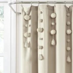 Boho Pom Pom Tassel Faux Linen Shower Curtain