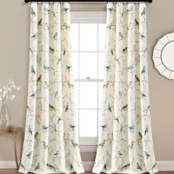 Botanical Bird & Flower Light Filtering Window Curtain Panel Set