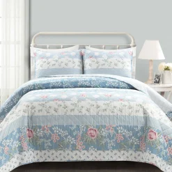 Cottagecore Flower Stripe Cotton Quilt 3 Piece Set