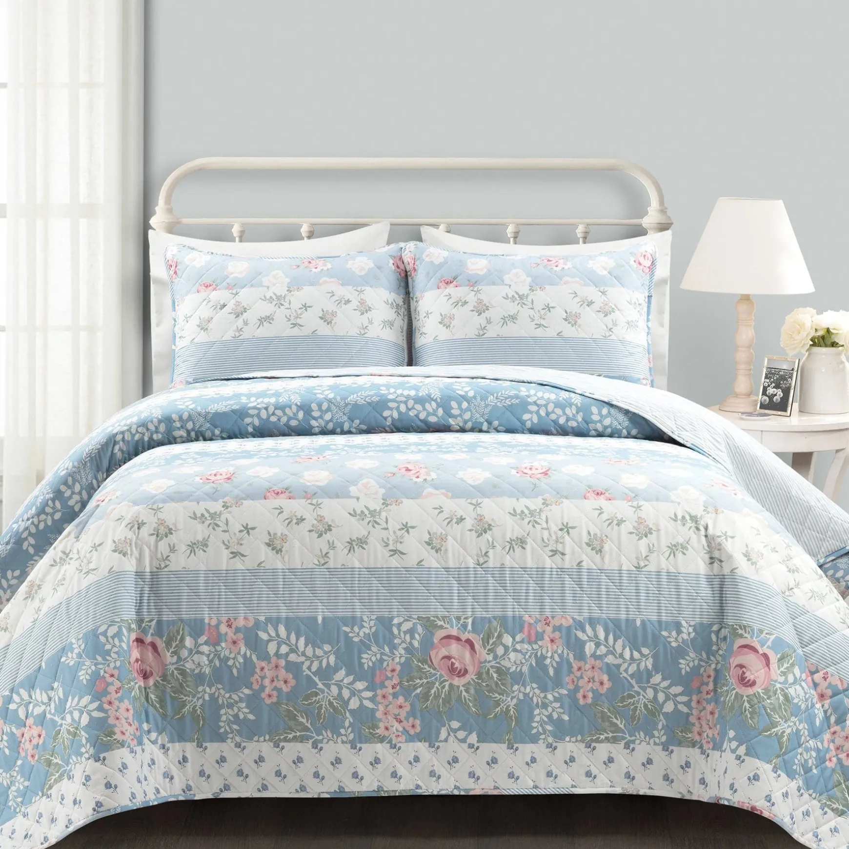 Cottagecore Flower Stripe Cotton Quilt 3 Piece Set