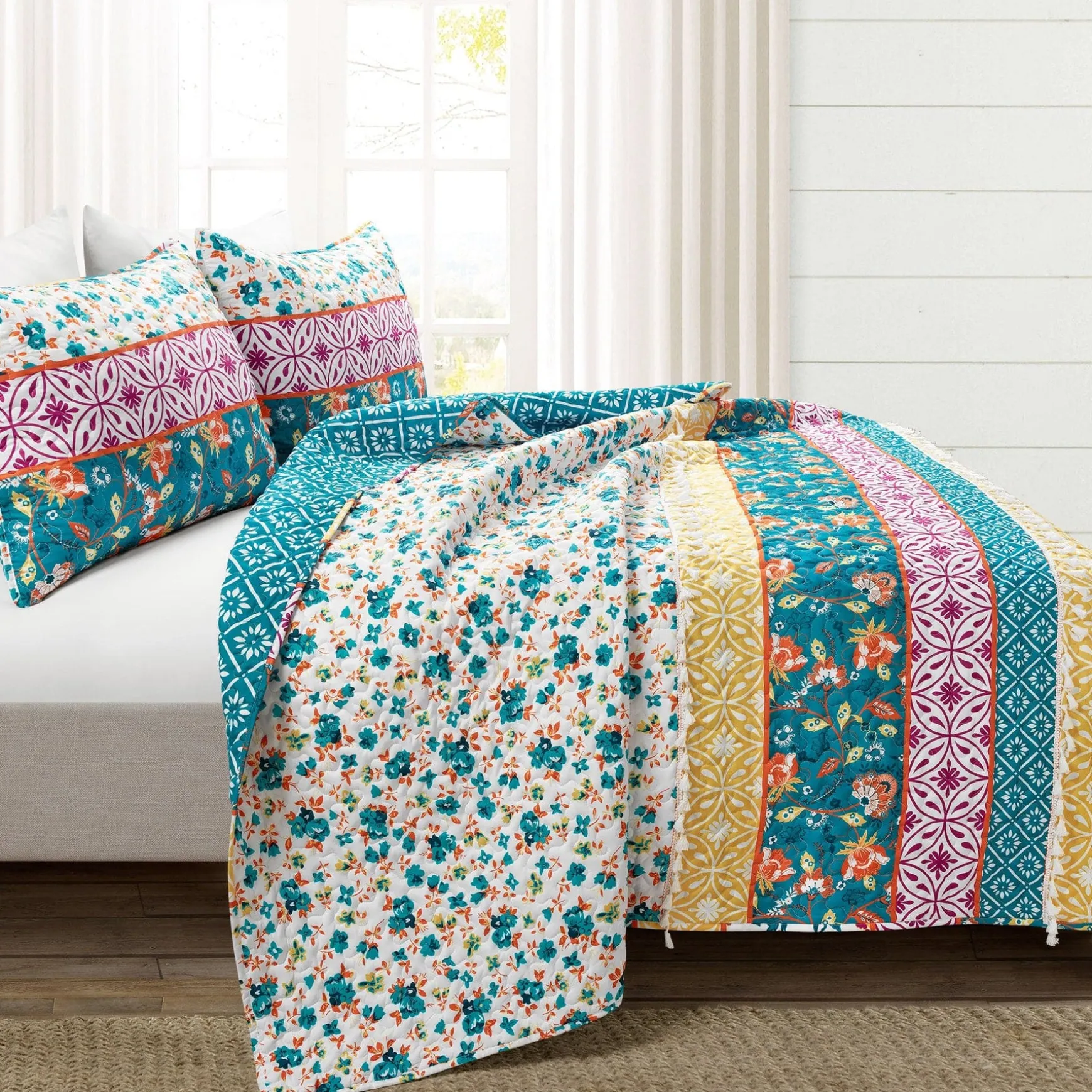Emily Boho Stripe Reversible 3 Piece Quilt Set