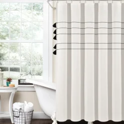 Farmhouse Boho Stripe Woven Tassel Yarn Dyed Recycled Cotton Blend Shower Curtain