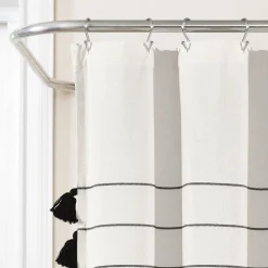 Farmhouse Boho Stripe Woven Tassel Yarn Dyed Recycled Cotton Blend Shower Curtain