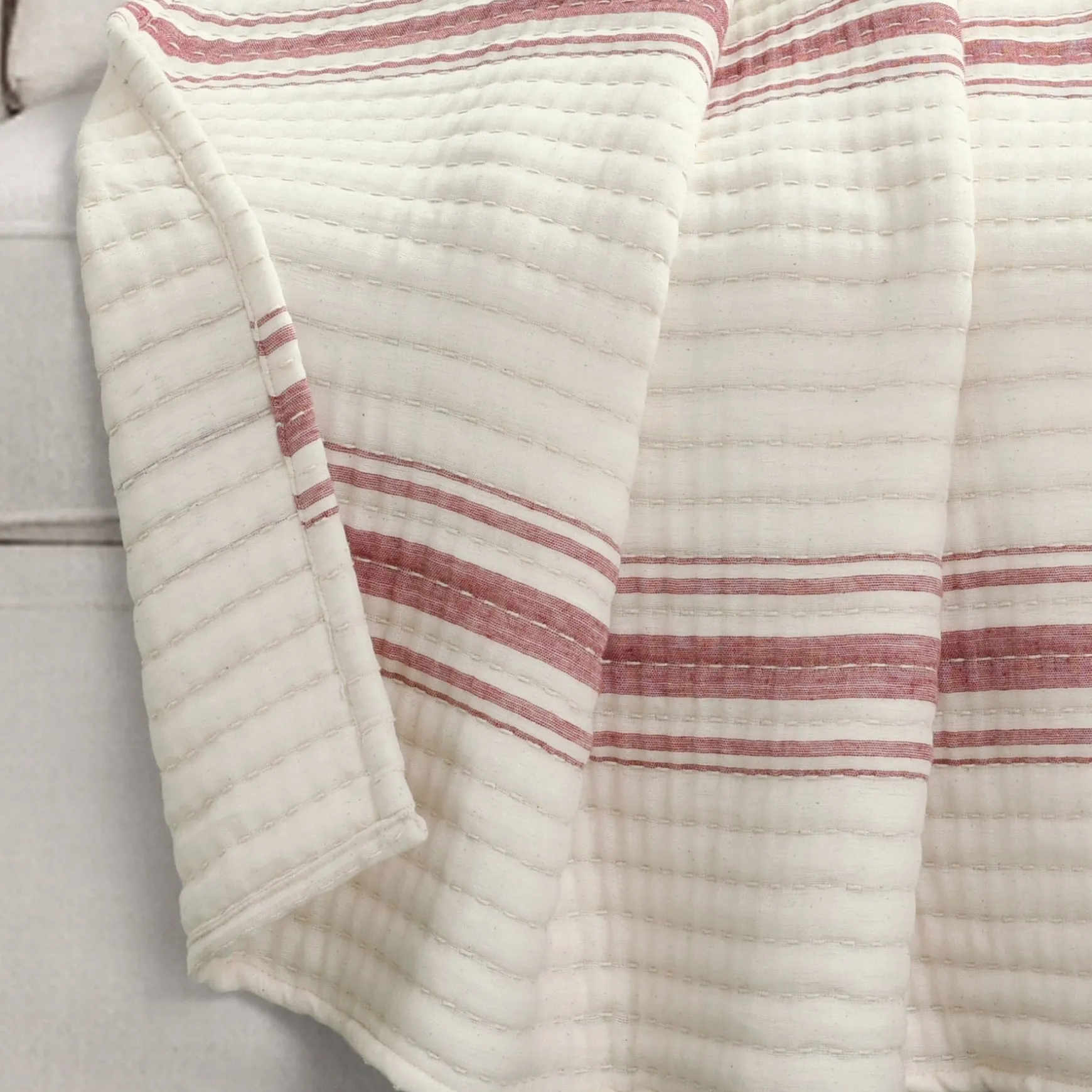 Farmhouse Stripe Kantha Pick Stitch Yarn Dyed Cotton Woven Throw