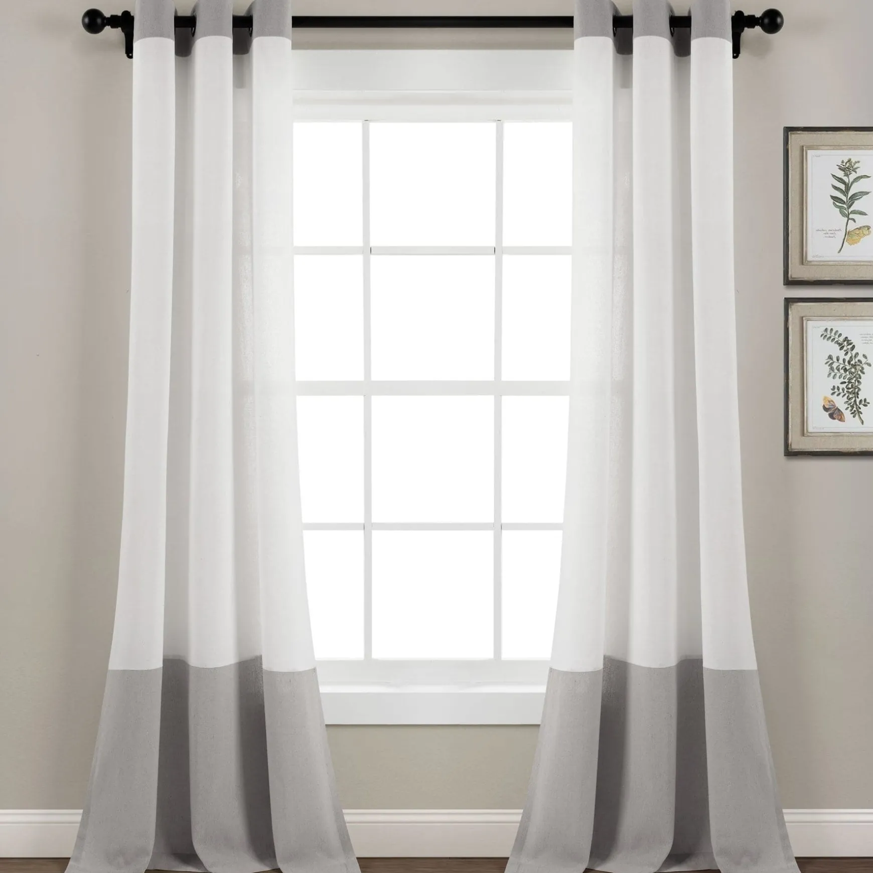 Faux Linen Grommet Color Block Window Curtain Panel