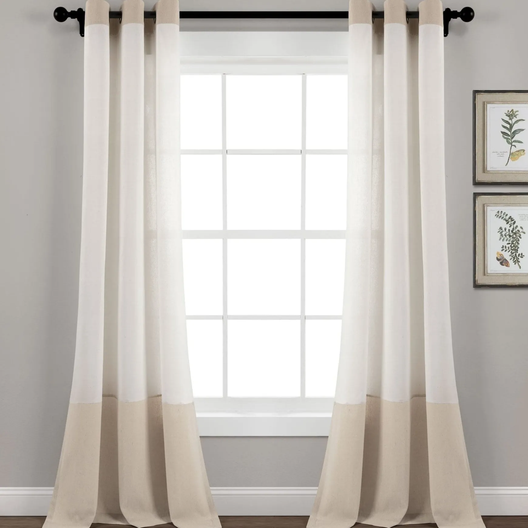 Faux Linen Grommet Color Block Window Curtain Panel