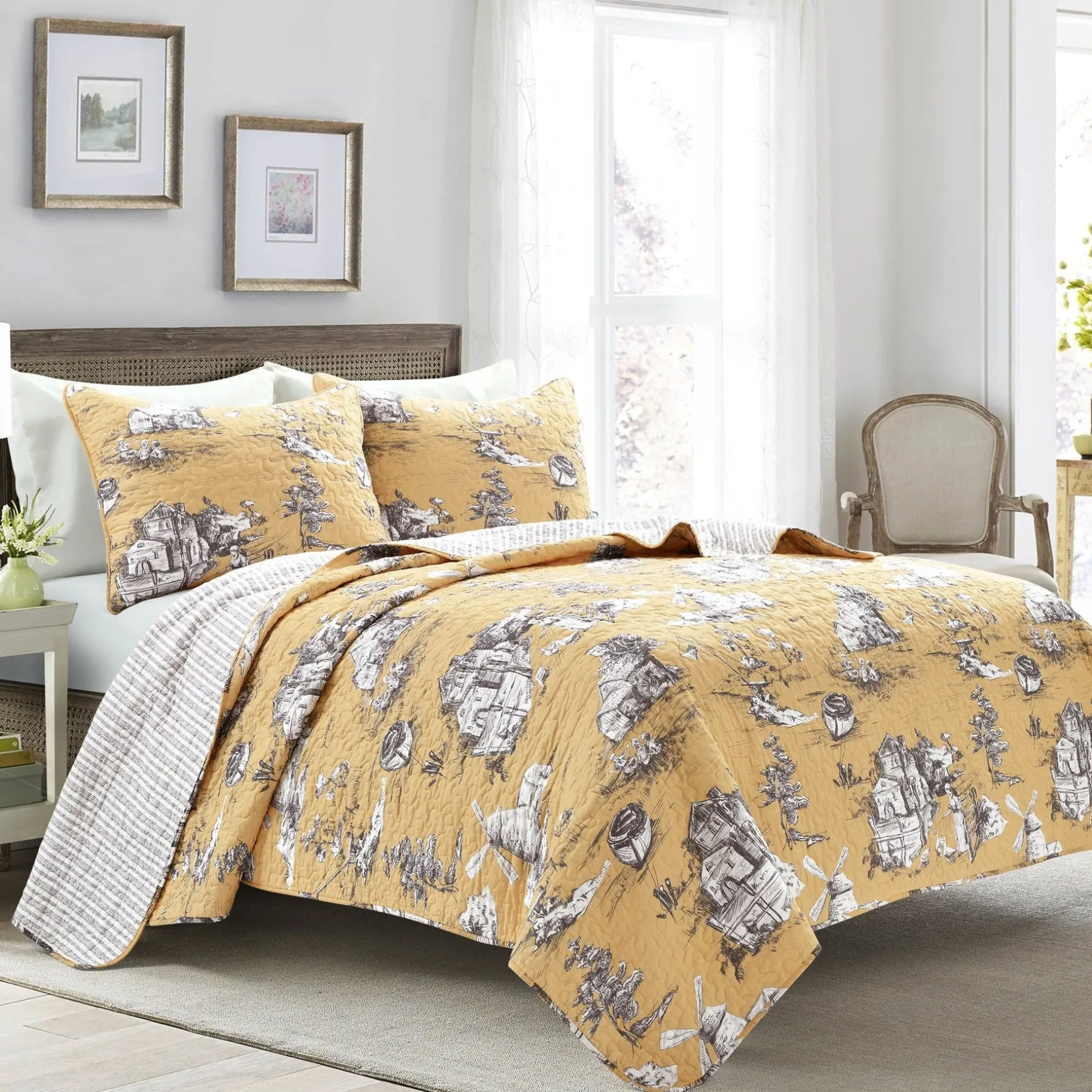 French Country Toile 3 Piece Quilt Set