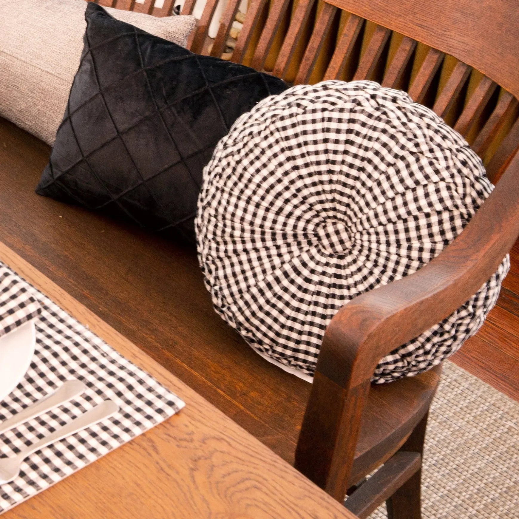 Gingham Check Yarn Dyed Pleated Decorative Pillow