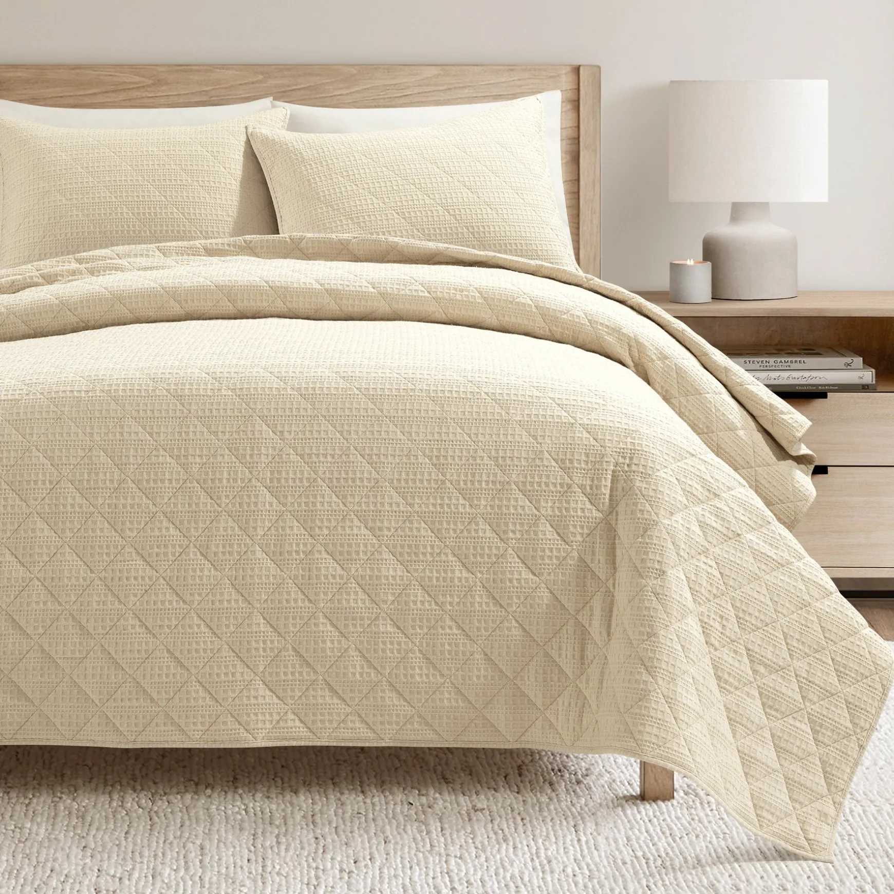 Haniya Solid Waffle Woven Cotton Textured Quilt Set