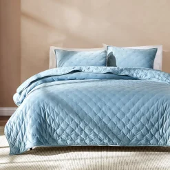 Haven Velvet Embroidered Stitch Cozy Super Soft Quilt 3 Piece Set