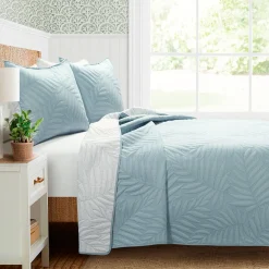 Isla Embroidered Leaf Reversible Cotton Quilt 3 Piece Set