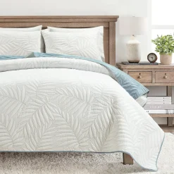 Isla Embroidered Leaf Reversible Cotton Quilt 3 Piece Set