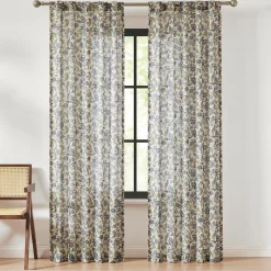 Lillian Block Print Linen Textured Window Curtain Panels