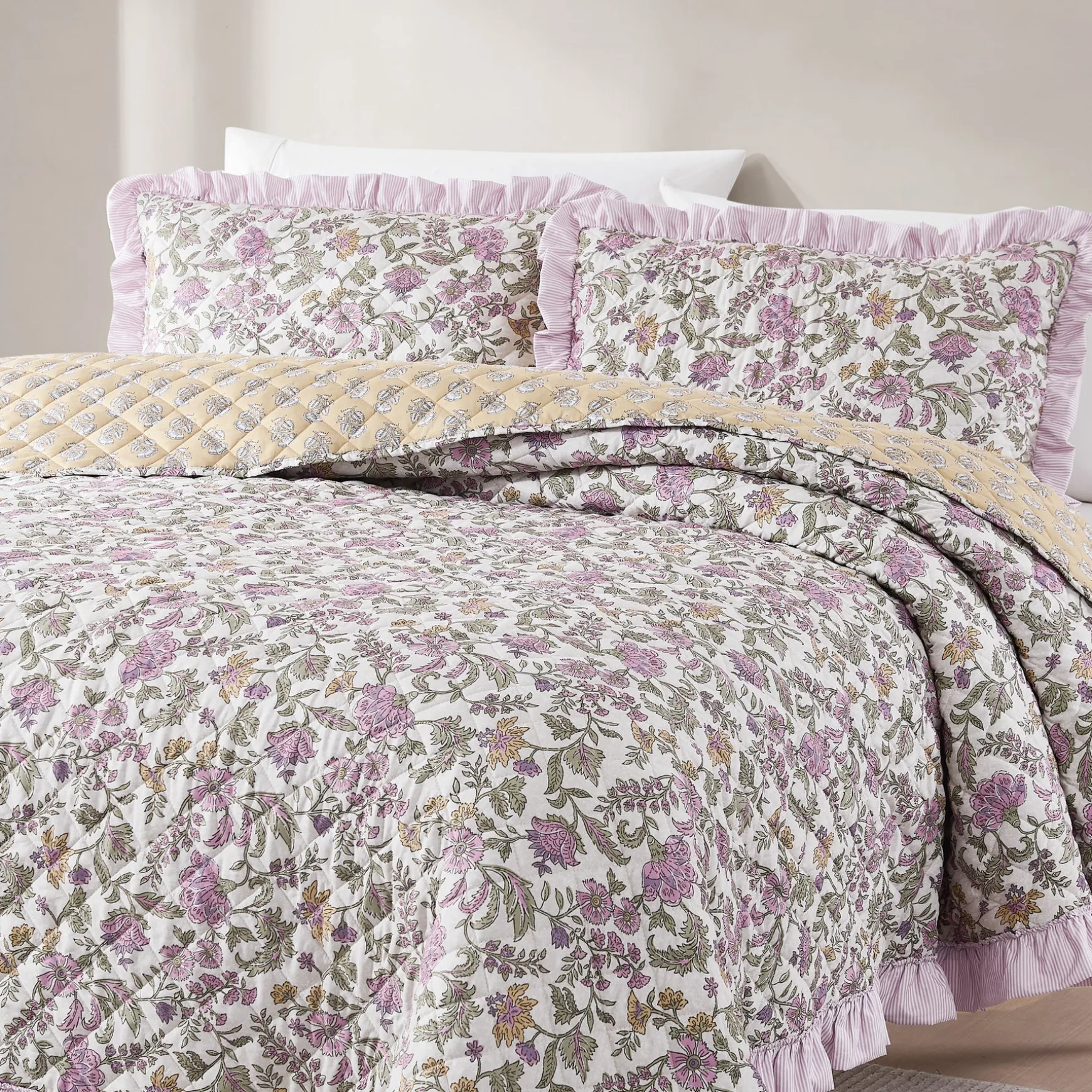Lola Block Print Ruffle Reversible Floral Quilt Set