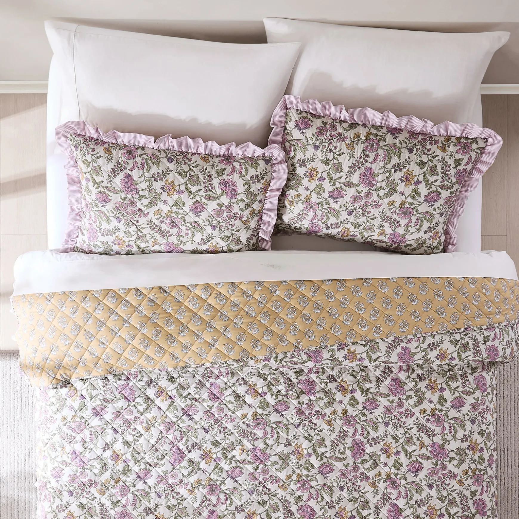 Lola Block Print Ruffle Reversible Floral Quilt Set