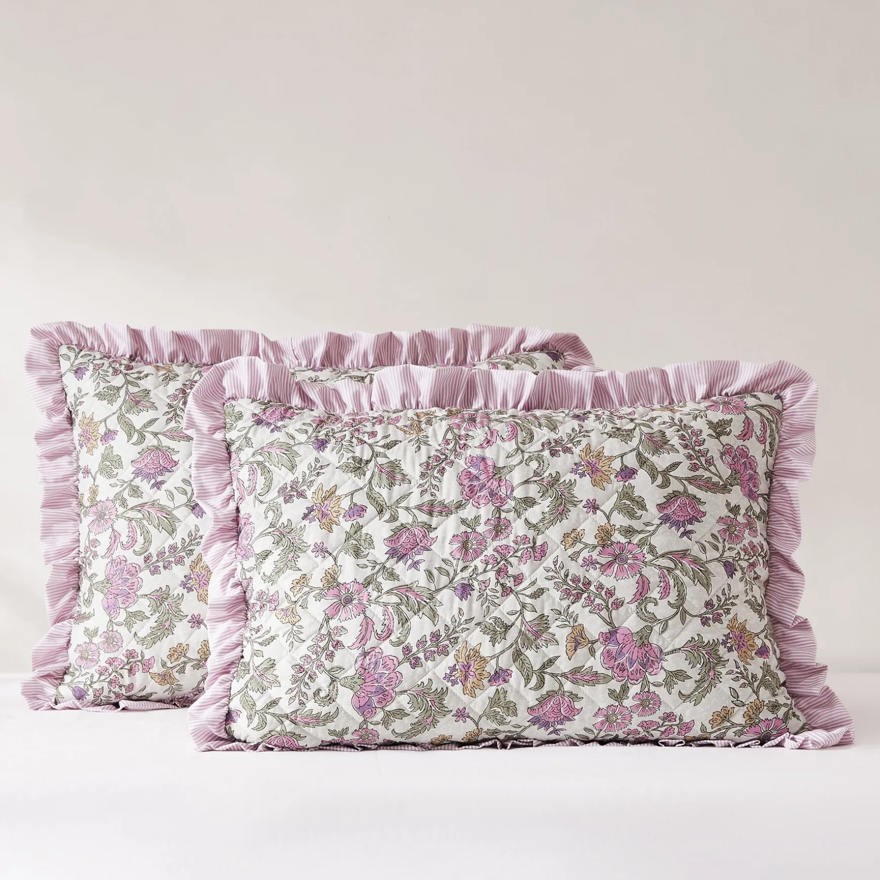 Lola Block Print Ruffle Reversible Floral Quilt Set