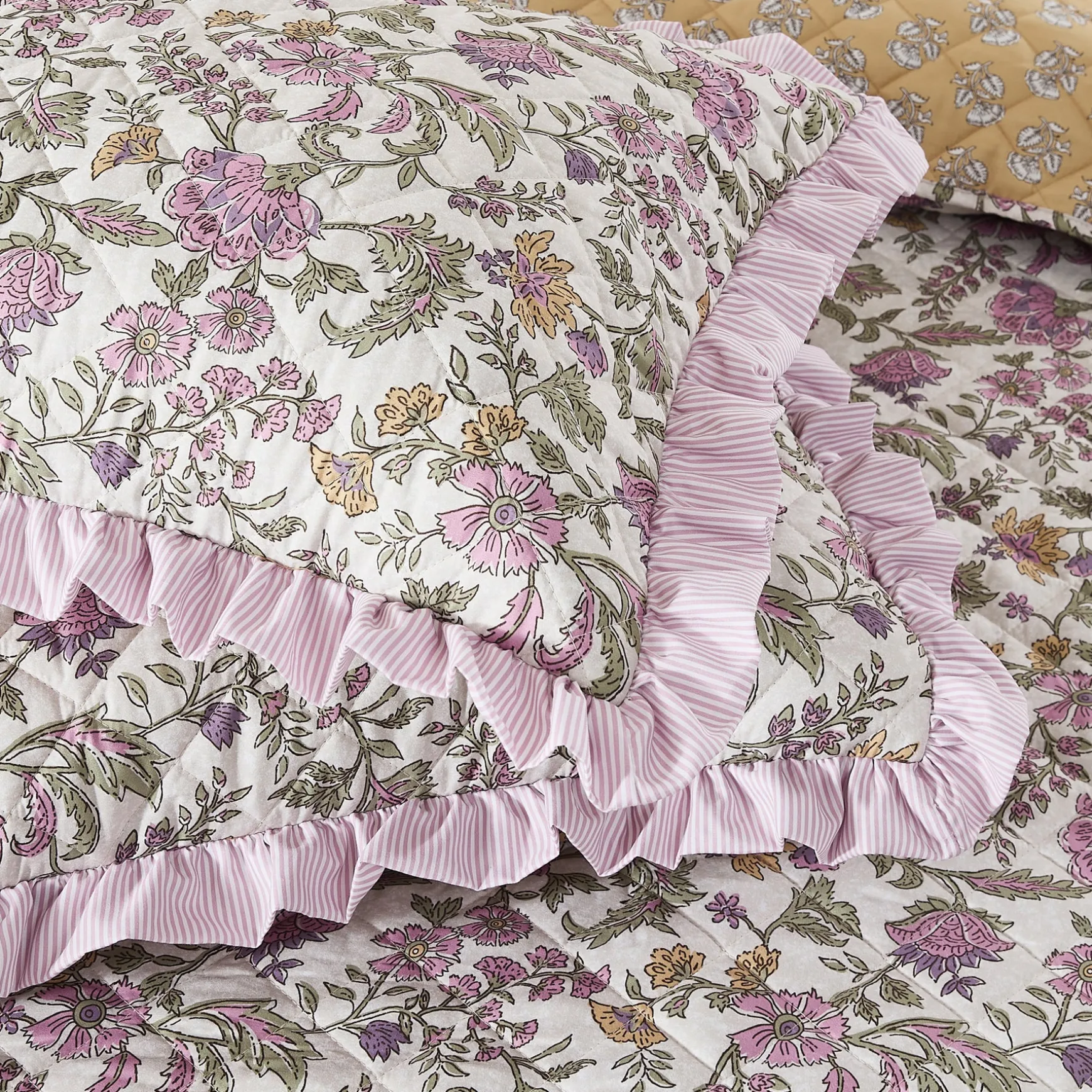 Lola Block Print Ruffle Reversible Floral Quilt Set