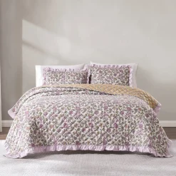 Lola Block Print Ruffle Reversible Floral Quilt Set