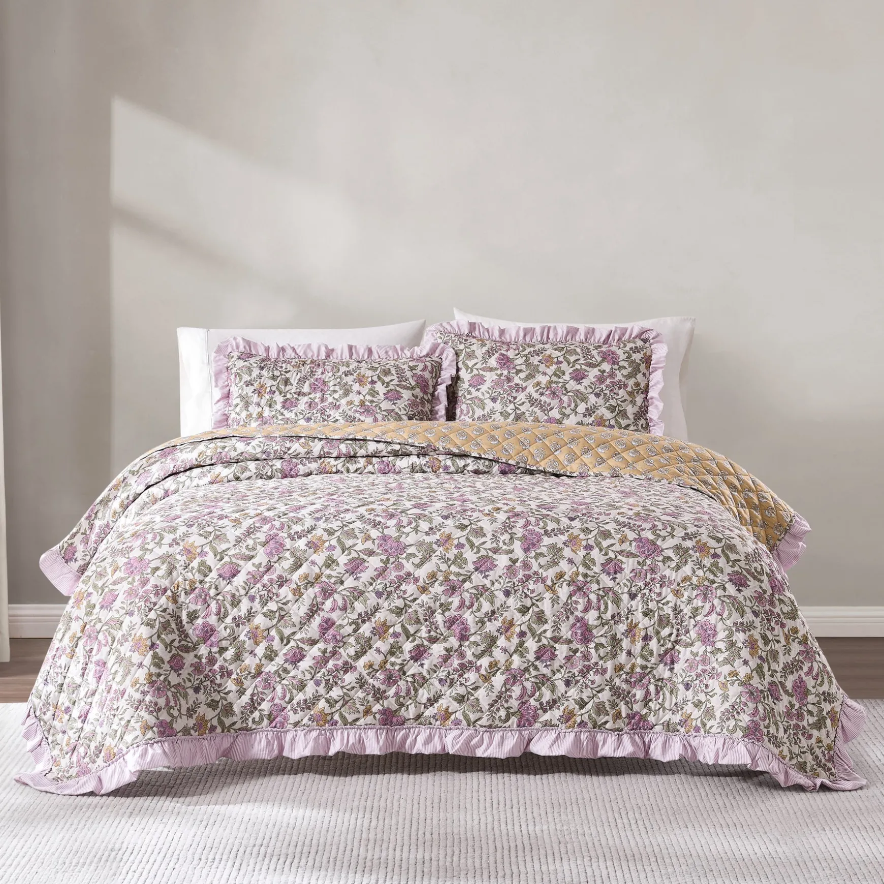 Lola Block Print Ruffle Reversible Floral Quilt Set