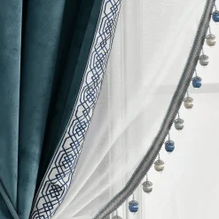 Luxury Vintage Velvet & Sheer With Border Pompom Trim Window Curtain Panel