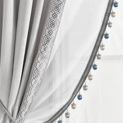 Luxury Vintage Velvet & Sheer With Border Pompom Trim Window Curtain Panel