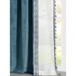 Luxury Vintage Velvet & Sheer With Border Pompom Trim Window Curtain Panel