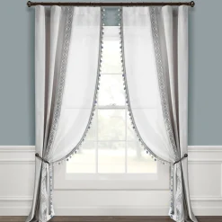 Luxury Vintage Velvet & Sheer With Border Pompom Trim Window Curtain Panel