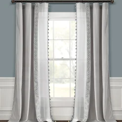 Luxury Vintage Velvet & Sheer With Border Pompom Trim Window Curtain Panel