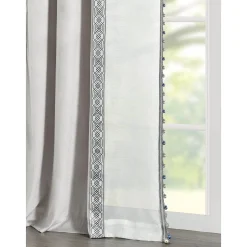 Luxury Vintage Velvet & Sheer With Border Pompom Trim Window Curtain Panel