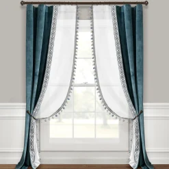Luxury Vintage Velvet & Sheer With Border Pompom Trim Window Curtain Panel