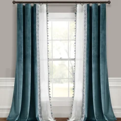 Luxury Vintage Velvet & Sheer With Border Pompom Trim Window Curtain Panel