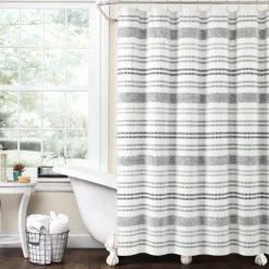 Modern Tufted Stripe Yarn Dyed Recycled Cotton Blend Shower Curtain