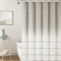 Ombre Embroidery Tassel Cotton Shower Curtain