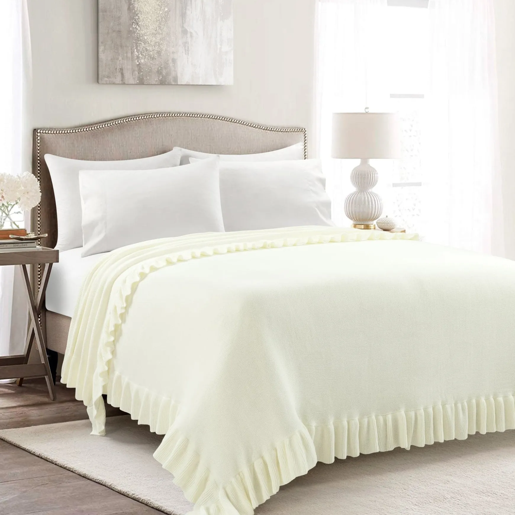 Reyna Soft Knitted Ruffle Blanket/Coverlet