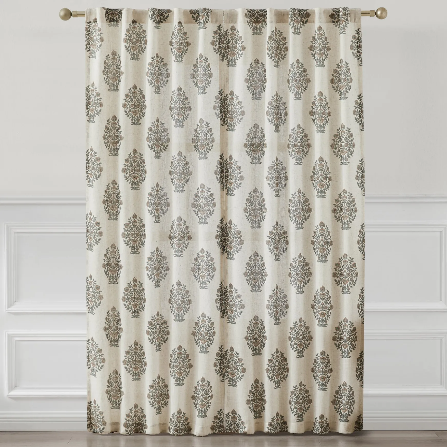 Sofia Flower Block Bouquet Linen Textured Window Curtain Panels