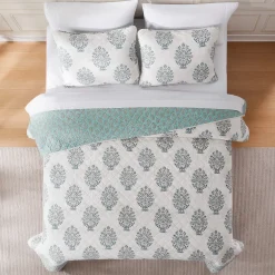 Sofia Flower Block Bouquet Reversible Cotton Quilt 3Pc Set