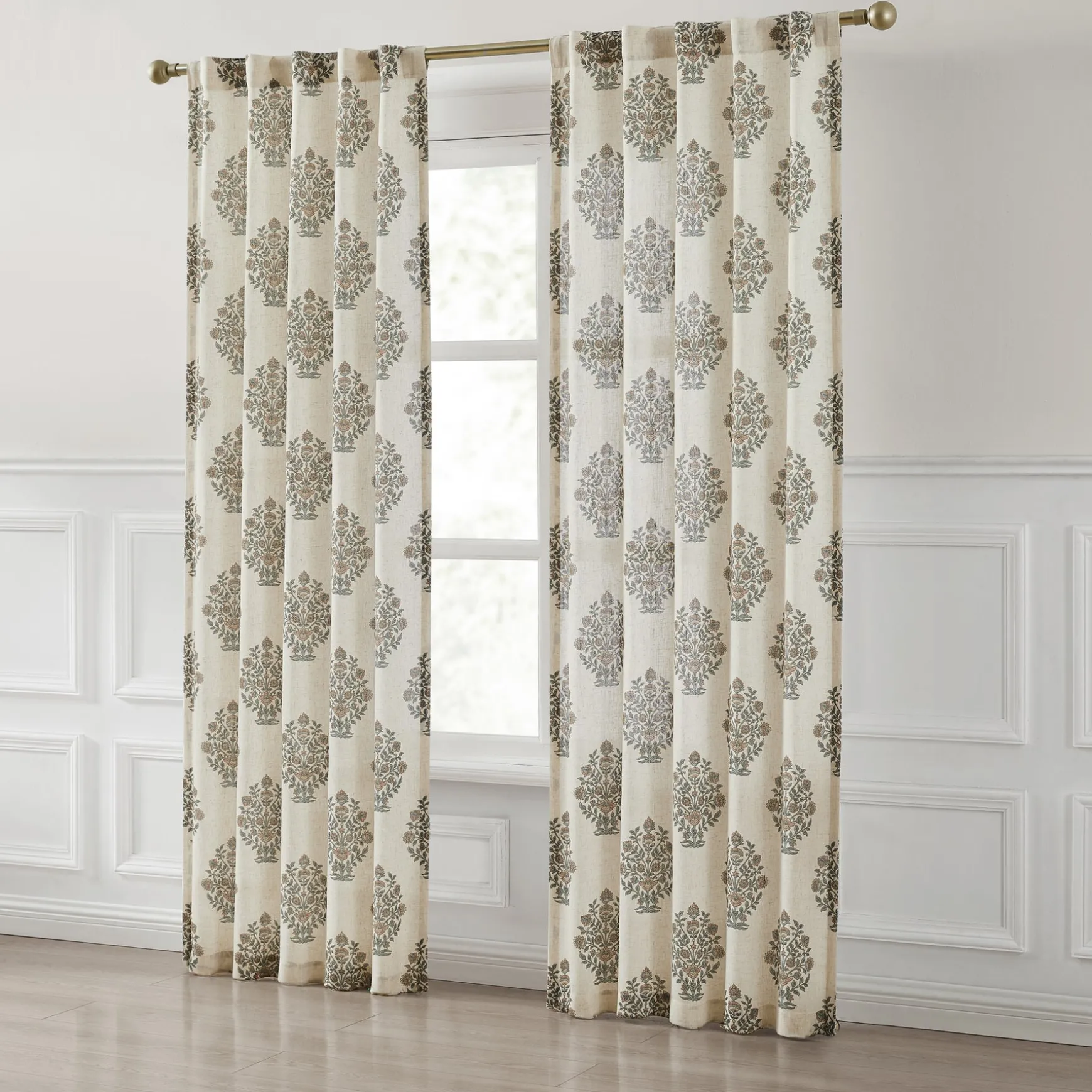 Sofia Flower Block Bouquet Linen Textured Window Curtain Panels