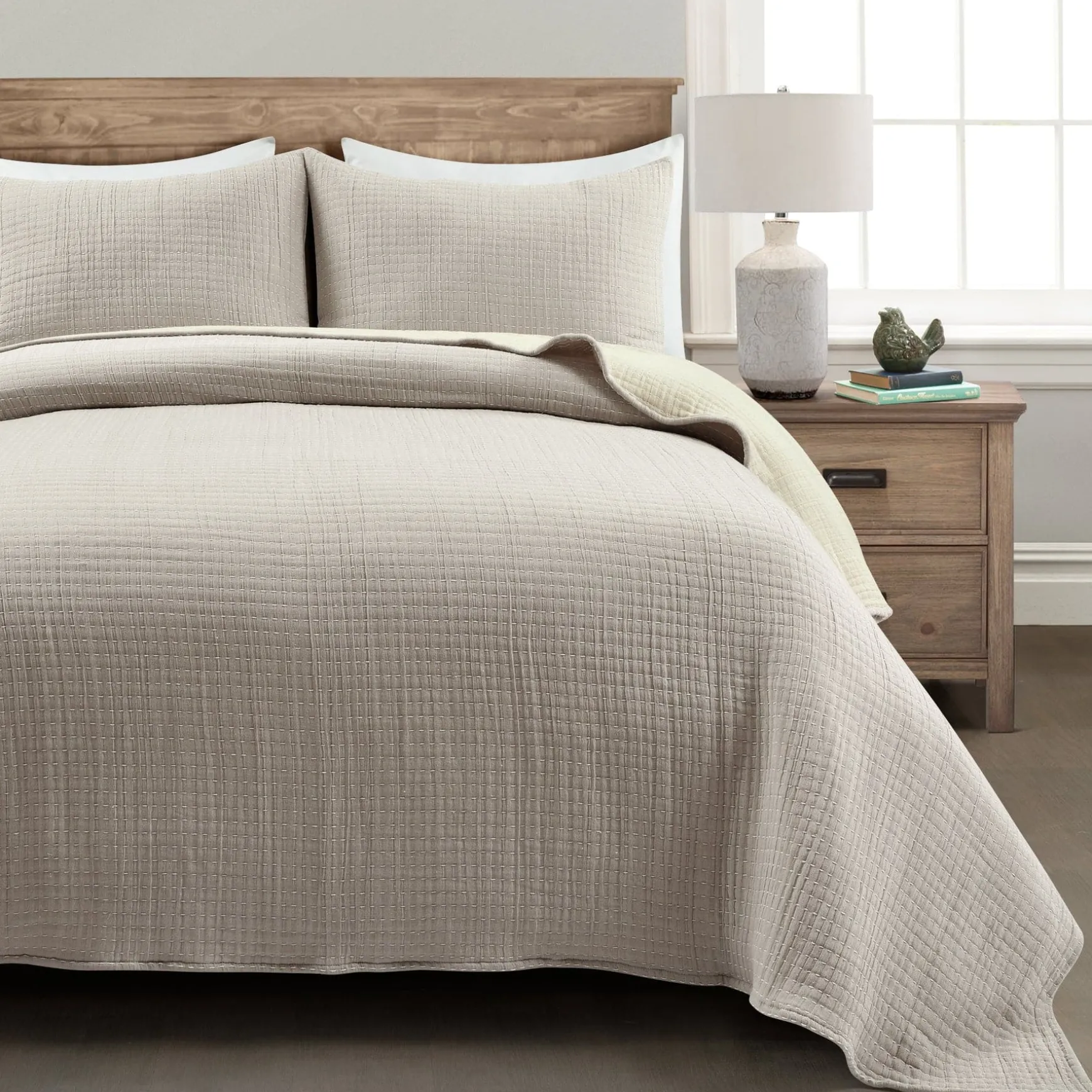 Solid Kantha Pick Stitch Yarn Dyed Cotton Woven Quilt/Coverlet Set