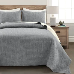 Solid Kantha Pick Stitch Yarn Dyed Cotton Woven Quilt/Coverlet Set