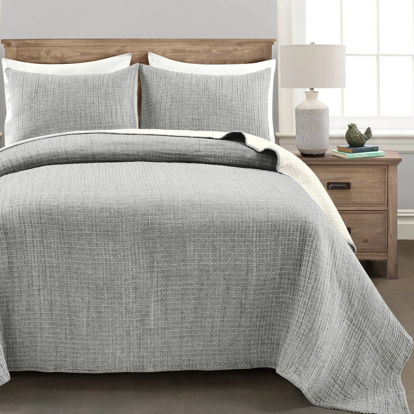 Solid Kantha Pick Stitch Yarn Dyed Cotton Woven Quilt/Coverlet Set