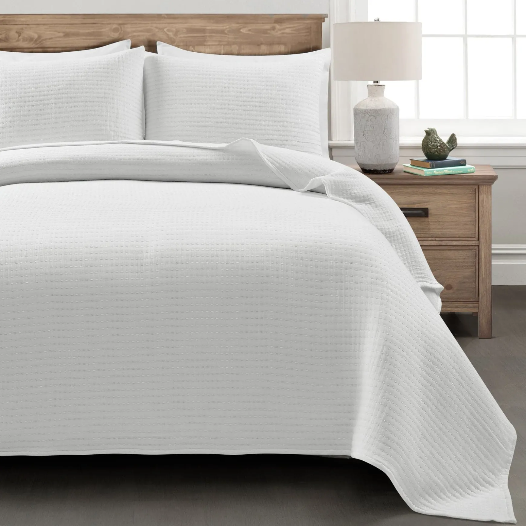 Solid Kantha Pick Stitch Yarn Dyed Cotton Woven Quilt/Coverlet Set