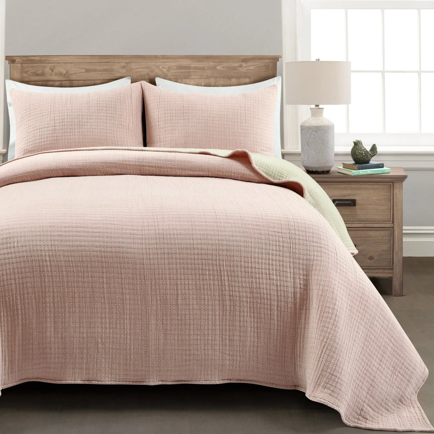 Solid Kantha Pick Stitch Yarn Dyed Cotton Woven Quilt/Coverlet Set