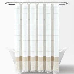 Stripe Yarn Dyed Tassel Fringe Woven Cotton Shower Curtain