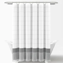 Stripe Yarn Dyed Tassel Fringe Woven Cotton Shower Curtain