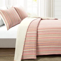 Tracy Stripe Pick Stitch Kantha Yarn Dyed Cotton Woven Quilt/Coverlet Set